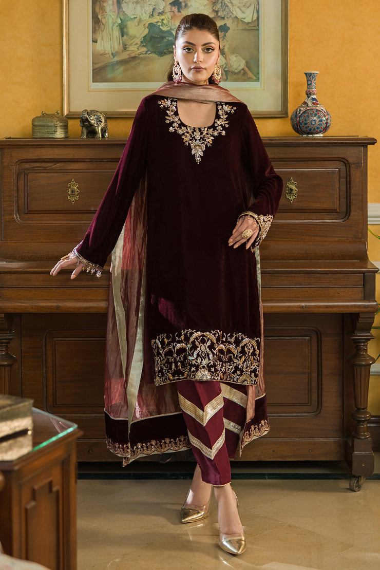 Plum Velvet Kurta Shalwar Set (D-08)