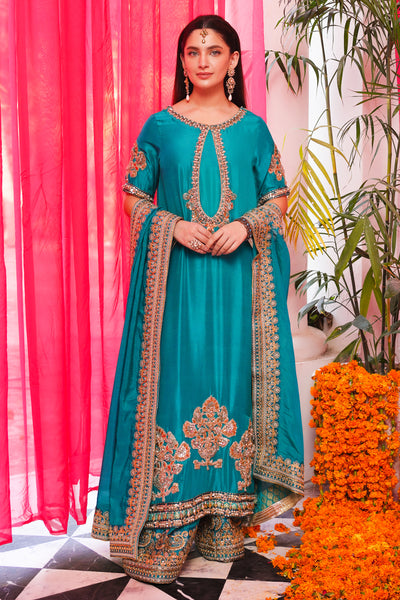 Classic Turquoise and Gold Long Kameez Set (D-06)