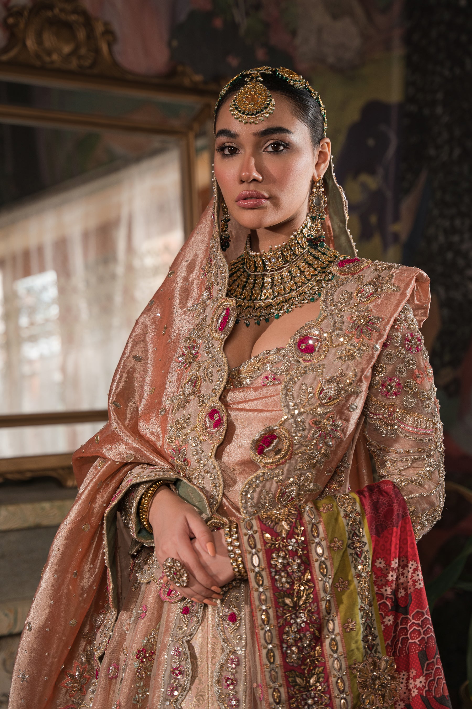 Coral, Peach and Gold Bridal Peshwas and Lehnga Set (BR-08) Ammara Khan Coral, Peach and Gold Bridal Peshwas and Lehnga Set (BR-08) Ammara Khan