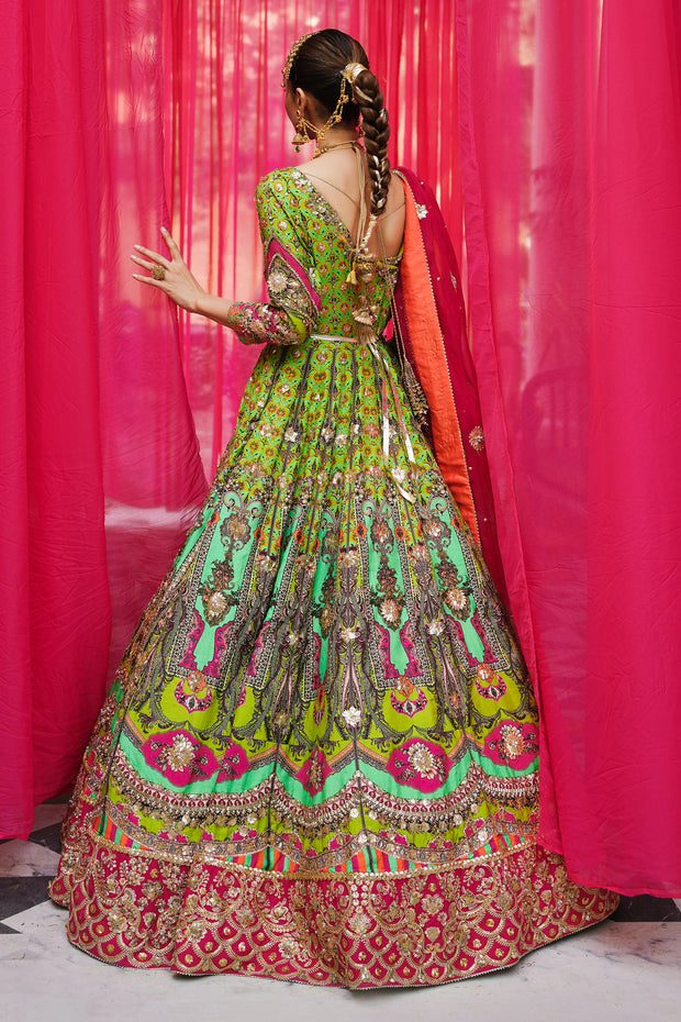 Parrot Green and Hot Pink Mehndi Peshwas Set (D-09)