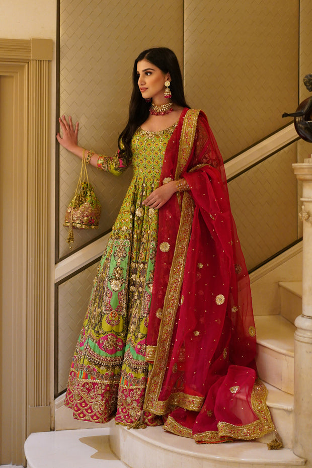 Parrot Green and Hot Pink Mehndi Peshwas Set (D-09)