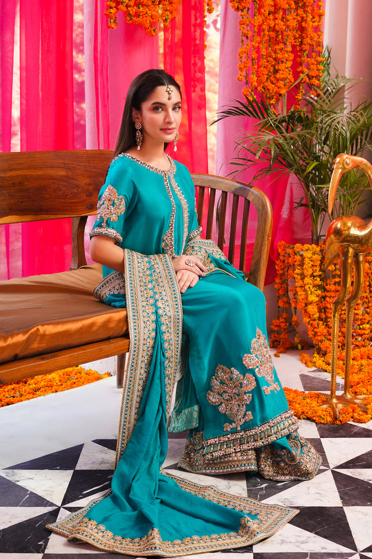 Classic Turquoise and Gold Long Kameez Set (D-06)