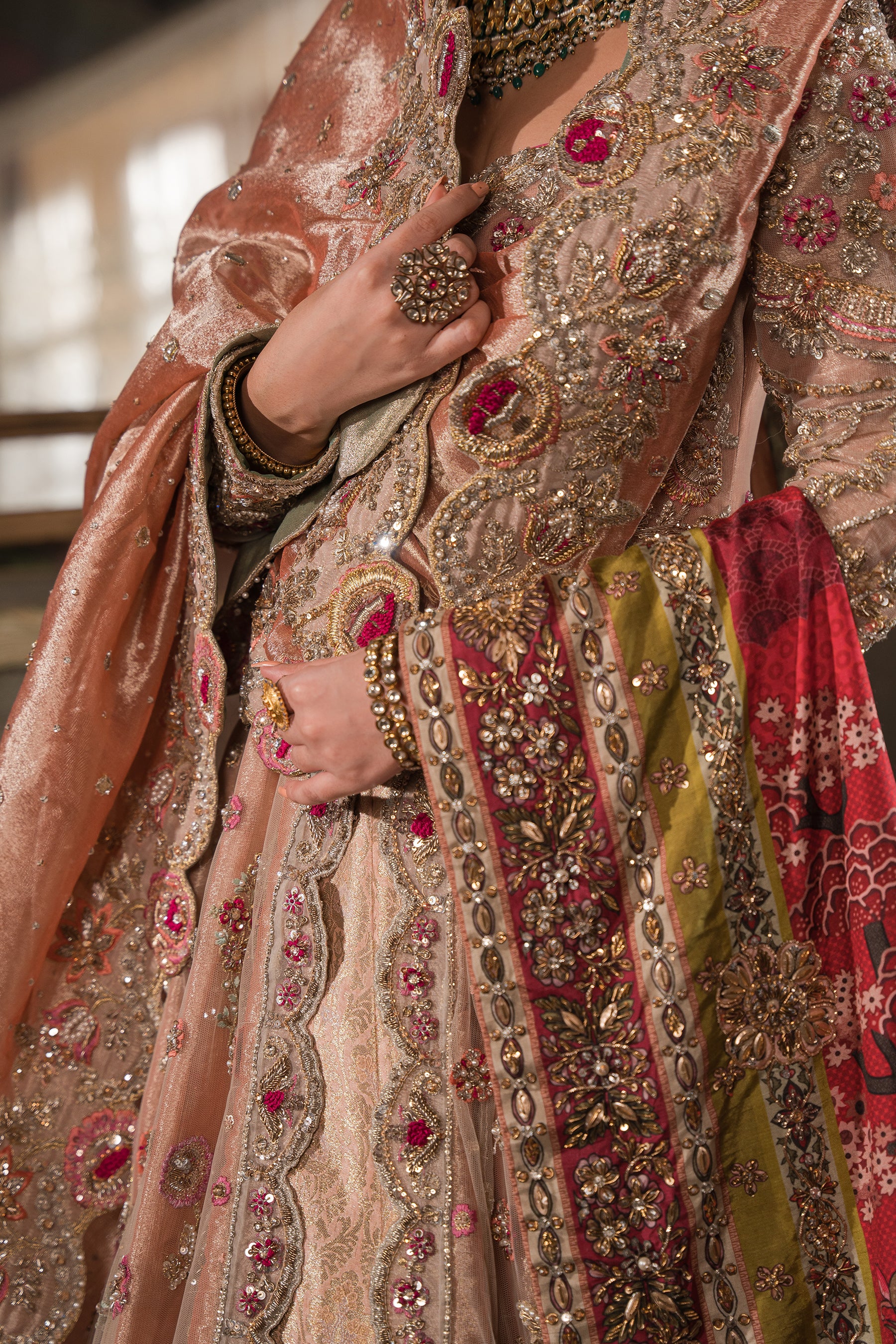 Coral, Peach and Gold Bridal Peshwas and Lehnga Set (BR-08) Ammara Khan Coral, Peach and Gold Bridal Peshwas and Lehnga Set (BR-08) Ammara Khan