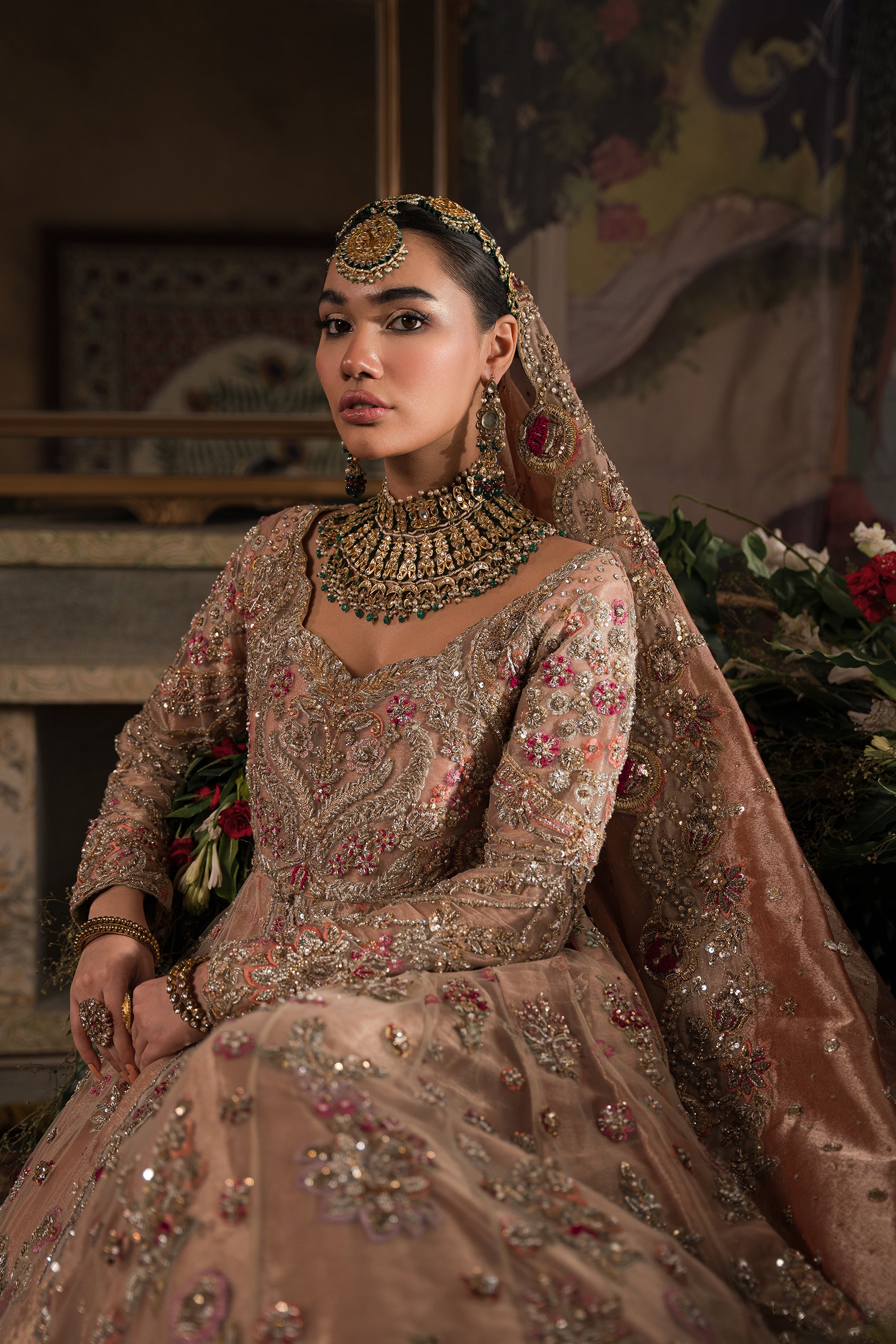 Coral, Peach and Gold Bridal Peshwas and Lehnga Set (BR-08) Ammara Khan Coral, Peach and Gold Bridal Peshwas and Lehnga Set (BR-08) Ammara Khan