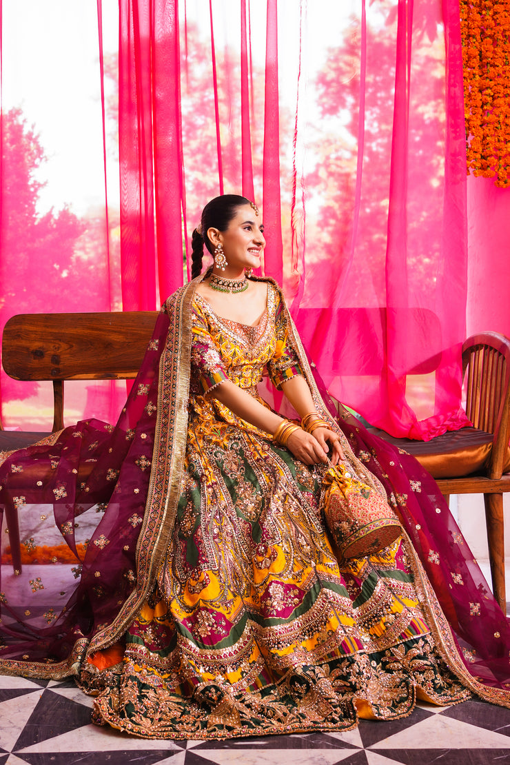 Yellow and Emerald Green Mehndi Lehnga Choli (D-08)