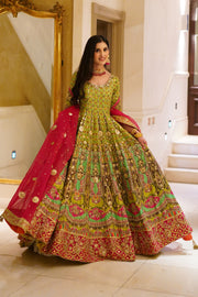 Parrot Green and Hot Pink Mehndi Peshwas Set (D-09)