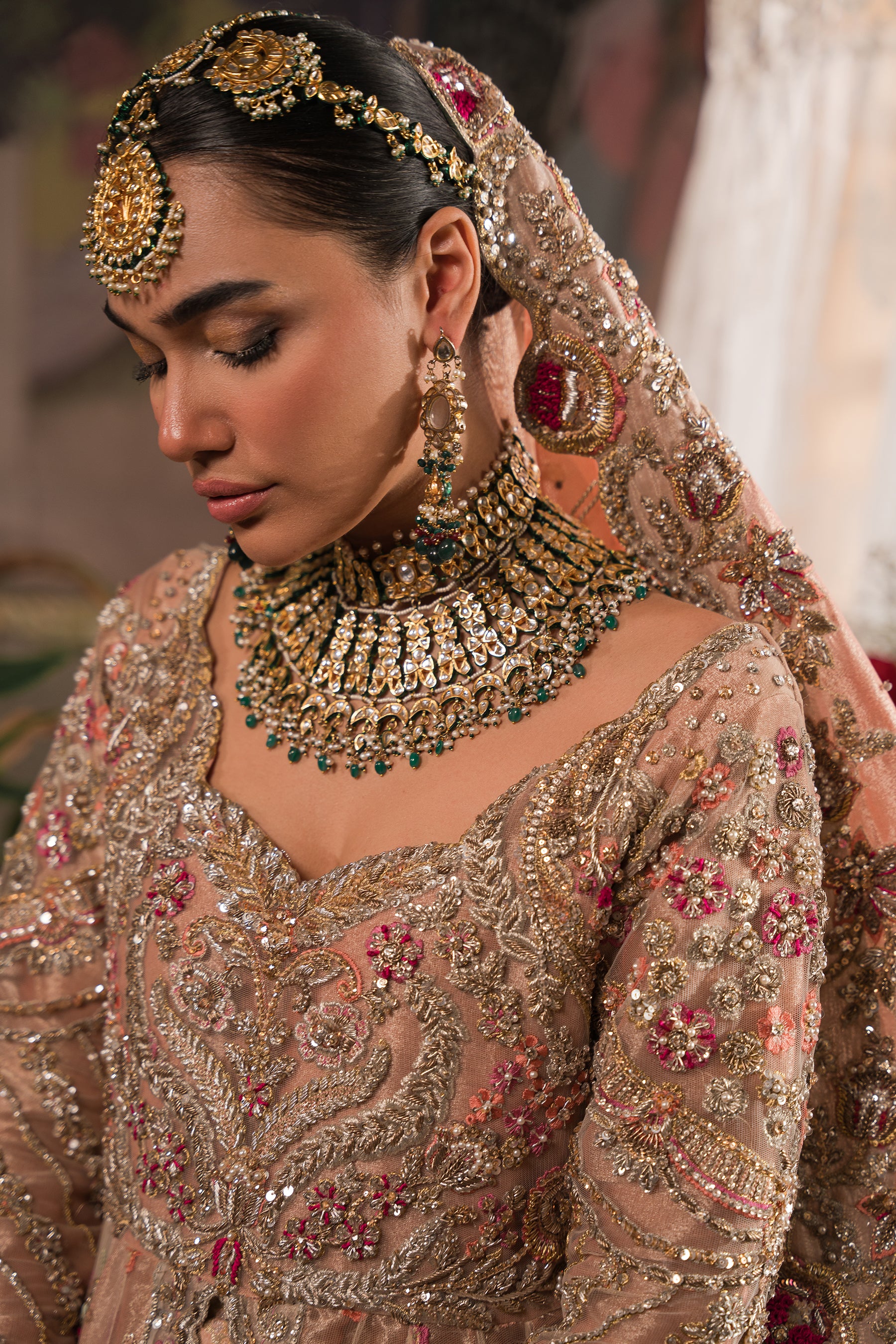 peach and gold wedding dress Coral, Peach and Gold Bridal Peshwas and Lehnga Set (BR-08) Ammara Khan
