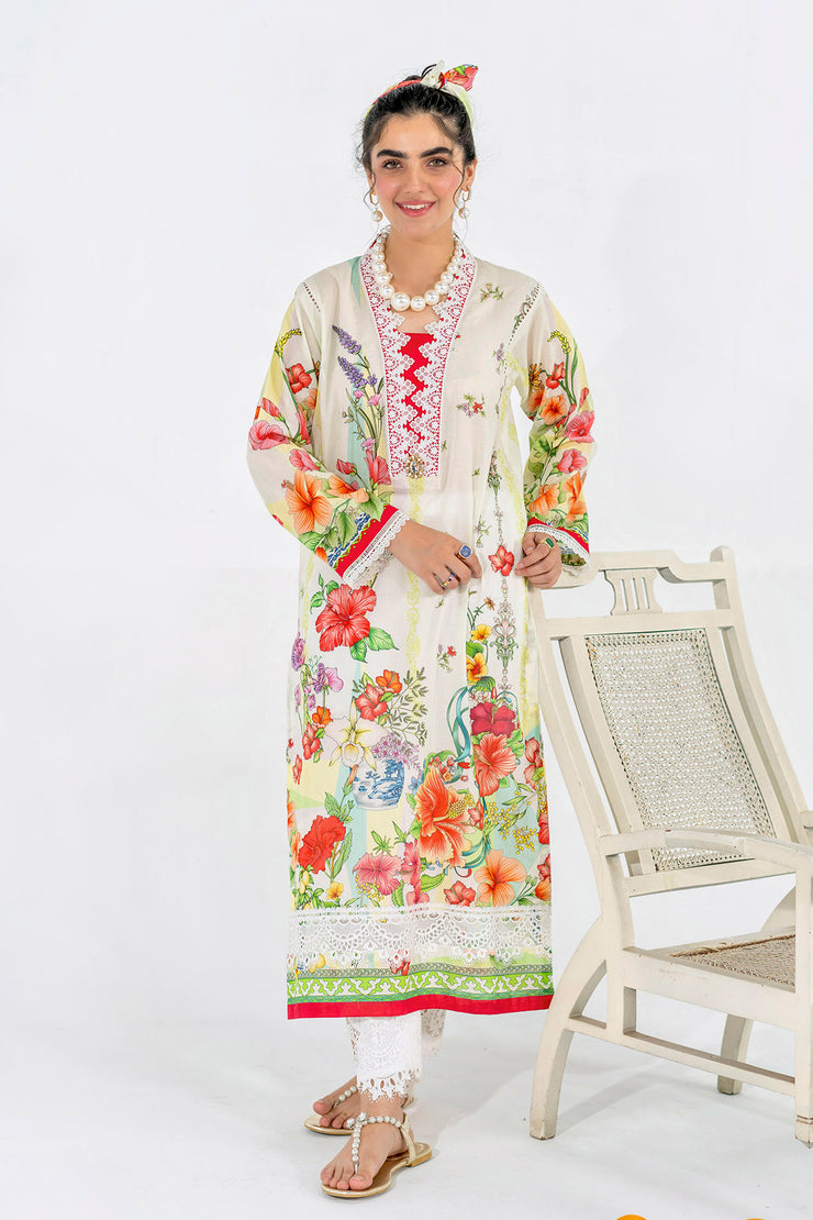 Printed Lawn Kurta - Creamy Off-white (SH-04)