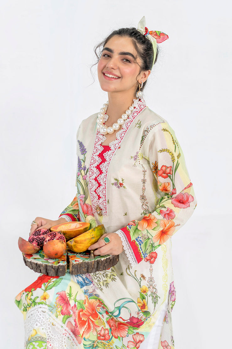 Printed Lawn Kurta - Creamy Off-white (SH-04)